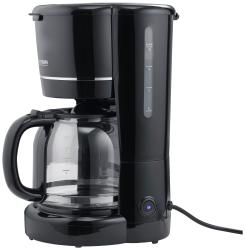 schwarze Kaffeemaschine mit Glaskanne. Maximal 10 Tassen, einfache Bedienung.