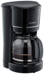 schwarze Kaffeemaschine mit Glaskanne. Maximal 10 Tassen, einfache Bedienung.