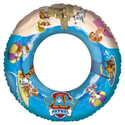 Schwimmring mit Paw Patrol Motiven. Bunte Hunde und Strand-Szenen auf blauem Hintergrund.