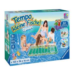 Spielset 'Tempo, kleine Fische! Splash'. Bunte Verpackung. Enthält Spielbrett und Luftmatratze. Für 2-5 Spieler, ab 3 Jahren. Abgebildete Kinder und Erwachsene spielen im Wasser.