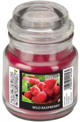 Glasbehälter mit rotem Wachs. Beschriftung mit dem Duft Wild Raspberry und einem Bild von Himbeeren.