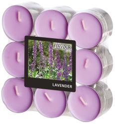 Zehn lila Teelichter in einer transparenten Verpackung. Auf dem Etikett steht 'Lavendel'.
