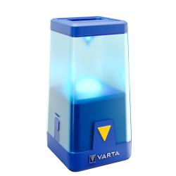 tragbare Lampe in Blau. Transparente Oberseite. Gelbes Dreieck auf der Vorderseite. Haken zum Aufhängen.