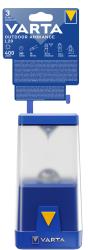 tragbare Lampe in Blau. Transparente Oberseite. Gelbes Dreieck auf der Vorderseite. Haken zum Aufhängen.