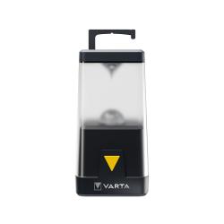 tragbare LED-Lampe in transparentem Gehäuse. Schwarze Unterseite mit gelbem Knopf. Haken zum Aufhängen oben.