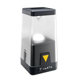 tragbare LED-Lampe in transparentem Gehäuse. Schwarze Unterseite mit gelbem Knopf. Haken zum Aufhängen oben.
