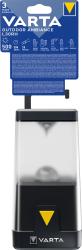 tragbare LED-Lampe in transparentem Gehäuse. Schwarze Unterseite mit gelbem Knopf. Haken zum Aufhängen oben.