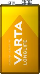 9V Batterie von VARTA in gelber und blauer Verpackung. Aufschrift 'LONGLIFE' und 'BATTERY EXPERTS SINCE 1887'.