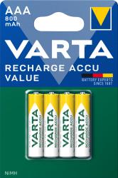 Vier AAA-Akkus in einer Verpackung. Die Akkus sind gelb und grün mit der Aufschrift VARTA.