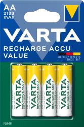 Packung mit vier AA-Akkus. Gelb und grün beschriftet. Kapazität 2100 mAh. Marke VARTA. Hinweis auf wiederaufladbar.