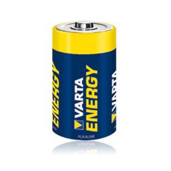Zwei D-Batterien in einer Verpackung. Die Batterien sind gelb und blau mit der Aufschrift VARTA ENERGY.