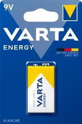 9V Batterie der Marke Varta. Verpackung in Blau und Gelb mit dem Schriftzug 'Varta Energy'.