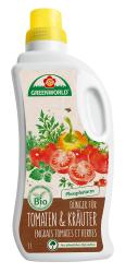 Flasche mit Dünger für Tomaten und Kräuter. Bio-Produkt mit grüner und roter Gestaltung.