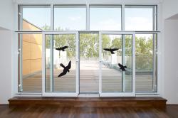Schwarze Silhouetten von Vögeln in verschiedenen Flugpositionen. Selbstklebende Folie für Fenster.