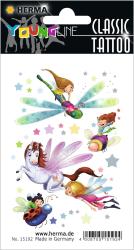 Bogen mit temporären Tattoos. Illustrationen von Feen, einem Einhorn und Insekten.