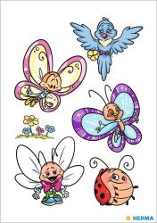 Bunte temporäre Tattoos mit verschiedenen Motiven. Darunter Schmetterlinge, ein Vogel und Blumen.