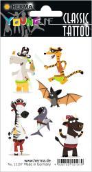 Tattoo-Aufkleber mit bunten, cartoonhaften Tieren. Tiere in Piratenkostümen, darunter ein Zebra, ein Hai und ein Drache.