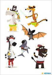 Tattoo-Aufkleber mit bunten, cartoonhaften Tieren. Tiere in Piratenkostümen, darunter ein Zebra, ein Hai und ein Drache.