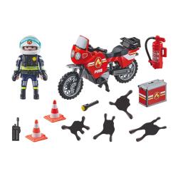 Playmobil Set mit Feuerwehrmotorrad. Rotes Motorrad mit Feuerlöscher und Koffer. Figur in Feuerwehruniform. Zubehör: Verkehrscones und schwarze Pfützen.