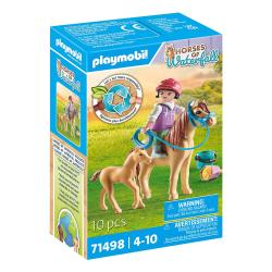 Spielzeugset von Playmobil mit einer Figur, einem Pferd und einem Fohlen. Verpackung zeigt eine grüne Wiese im Hintergrund.