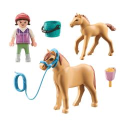 Spielzeugset von Playmobil mit einer Figur, einem Pferd und einem Fohlen. Verpackung zeigt eine grüne Wiese im Hintergrund.