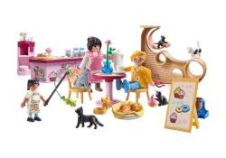 Spielzeugset mit Figuren in einem Katzen-Café. Verschiedene Katzen und ein Kuchenstand sind sichtbar.