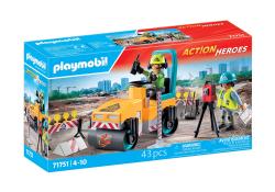Playmobil Set mit Bauarbeitern und einer Straßenwalze. Enthält Werkzeuge und Absperrungen.