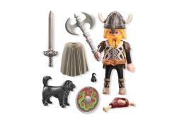 Playmobil Figur eines Wikingers mit Helm und Bart. Zubehör: Schwert, Axt, Schild, Hund und Fleischstück.