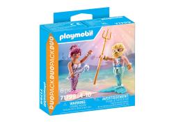 Playmobil Duo-Pack mit zwei Figuren: eine Meerjungfrau und ein Meereskönig. Beide Figuren sind farbenfroh und stehen auf einer Unterwasserlandschaft.