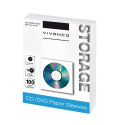 Weißer Karton mit der Aufschrift 'CD/DVD Paper Sleeves'. Enthält 100 Papierhüllen für CDs und DVDs.