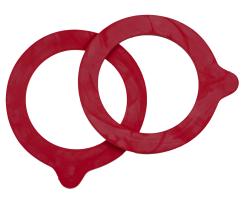 Zwei rote, runde Ringe aus flexiblem Material. Sie haben eine kleine Ausbuchtung an einer Stelle.