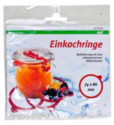 Verpackung mit Einkochringen. 10 Stück. Rote Ringe für Einmachgläser. Abgebildetes Glas mit orangefarbener Marmelade und Beeren.