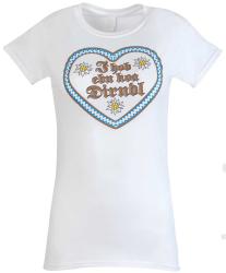 Weißes T-Shirt mit kurzen Ärmeln. Herzförmiger Aufdruck in Blau und Braun. Text: 'Ich hob ebu koa Dirndl'. Verziert mit weißen Blumen.