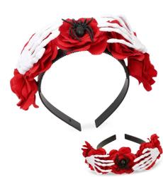 Schwarzes Haarband mit roten Stoffblumen. Dekoriert mit weißen Skelett-Händen und einer schwarzen Spinne.