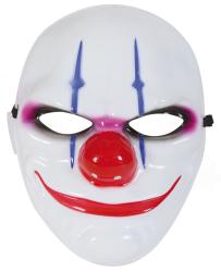 Weiße Clownmaske mit roter Nase. Blau und pinke Akzente auf der Oberfläche.