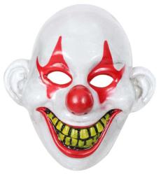 Clownmaske mit weißen Grundfarbe. Rote Augenbrauen und Nase. Breites, grinsendes Mund mit gelben Zähnen.