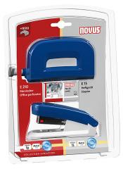 Bürolocher in Blau mit grauem Metall. Stapler in passendem Design.