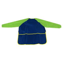 Schürze in Blau und Grün mit langen Ärmeln. Sie hat eine praktische Tasche vorne.