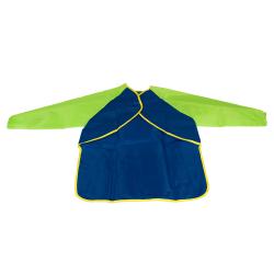 Schürze in Blau und Grün mit langen Ärmeln. Sie hat eine praktische Tasche vorne.