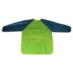Schürze in Blau und Grün mit langen Ärmeln. Sie hat eine praktische Tasche vorne.