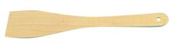 Holzspatel mit breiter, flacher Kante. Lange, schmale Form mit einem Loch am Griff.