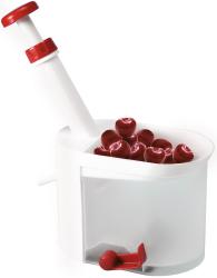 weißer Behälter mit rotem Griff. Enthält kleine rote Äpfel. Auslass für die Äpfel an der Seite.