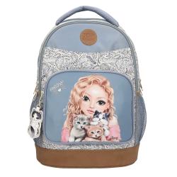 blauer Rucksack mit einem Bild eines Mädchens und drei Katzen. Der Rucksack hat ein florales Muster und braune Akzente.