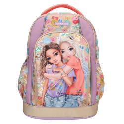 Rucksack mit buntem Design und zwei Mädchen auf der Vorderseite. Farbenfroh mit verschiedenen Mustern und Taschen.