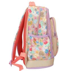 Rucksack mit buntem Design und zwei Mädchen auf der Vorderseite. Farbenfroh mit verschiedenen Mustern und Taschen.