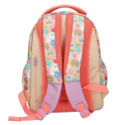 Rucksack mit buntem Design und zwei Mädchen auf der Vorderseite. Farbenfroh mit verschiedenen Mustern und Taschen.