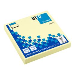 Gelbe Haftnotizen, quadratisch, 75x75 mm, 100 Blätter. Verpackung mit blauem Design und Wasser-basiertem Kleber.