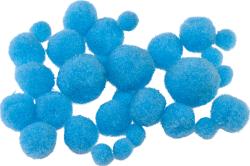 Blaue, flauschige Kugeln in verschiedenen Größen. Sie sind gleichmäßig und rund geformt.