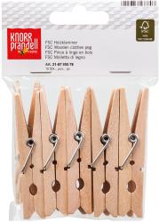 Packung mit zehn Holzklammern. Klammern aus Holz mit Metallfeder. Verpackung transparent, mit Aufhängeloch.