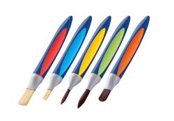 Set von fünf ergonomischen Schulpinseln in verschiedenen Farben. Pinselgrößen 6, 10, 12. Enthält ein kostenloses elastisches Band.